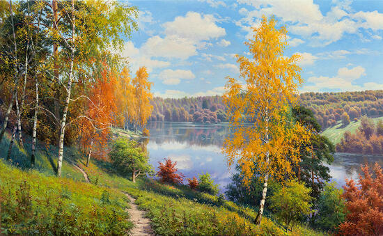 Картина по номерам 40x50 Красивый пейзаж с пожелтевшей березкой на горе