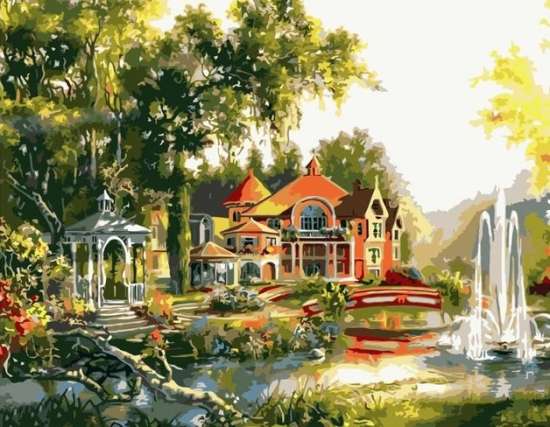 Картина по номерам 40x50 Загородный домик и фонтан