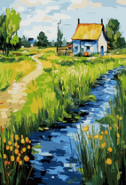 Беленький домик у небольшой речушки