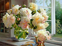Без бренда «Ваза с букетом белых пионов у окна» в Самаре