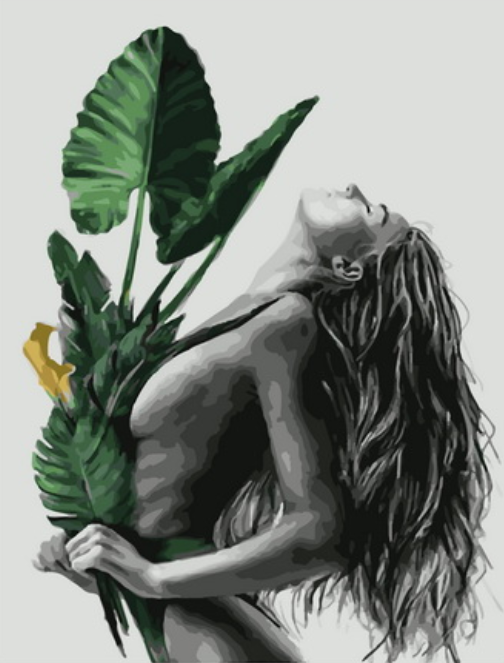 Картина по номерам 40x50 Обнаженная девушка с зелеными листьями