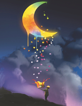 Маленький мальчик с подарками и луна