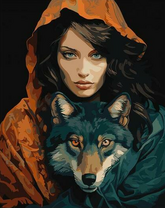 Девушка в оранжевом плаще и волк