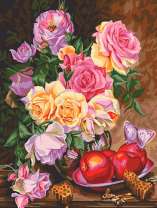 Букет роз, яблоки, мёд и бабочки